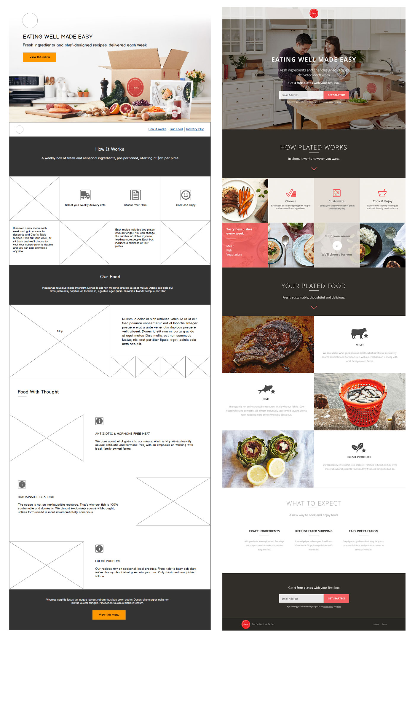 Plated landing page wireframe and ui