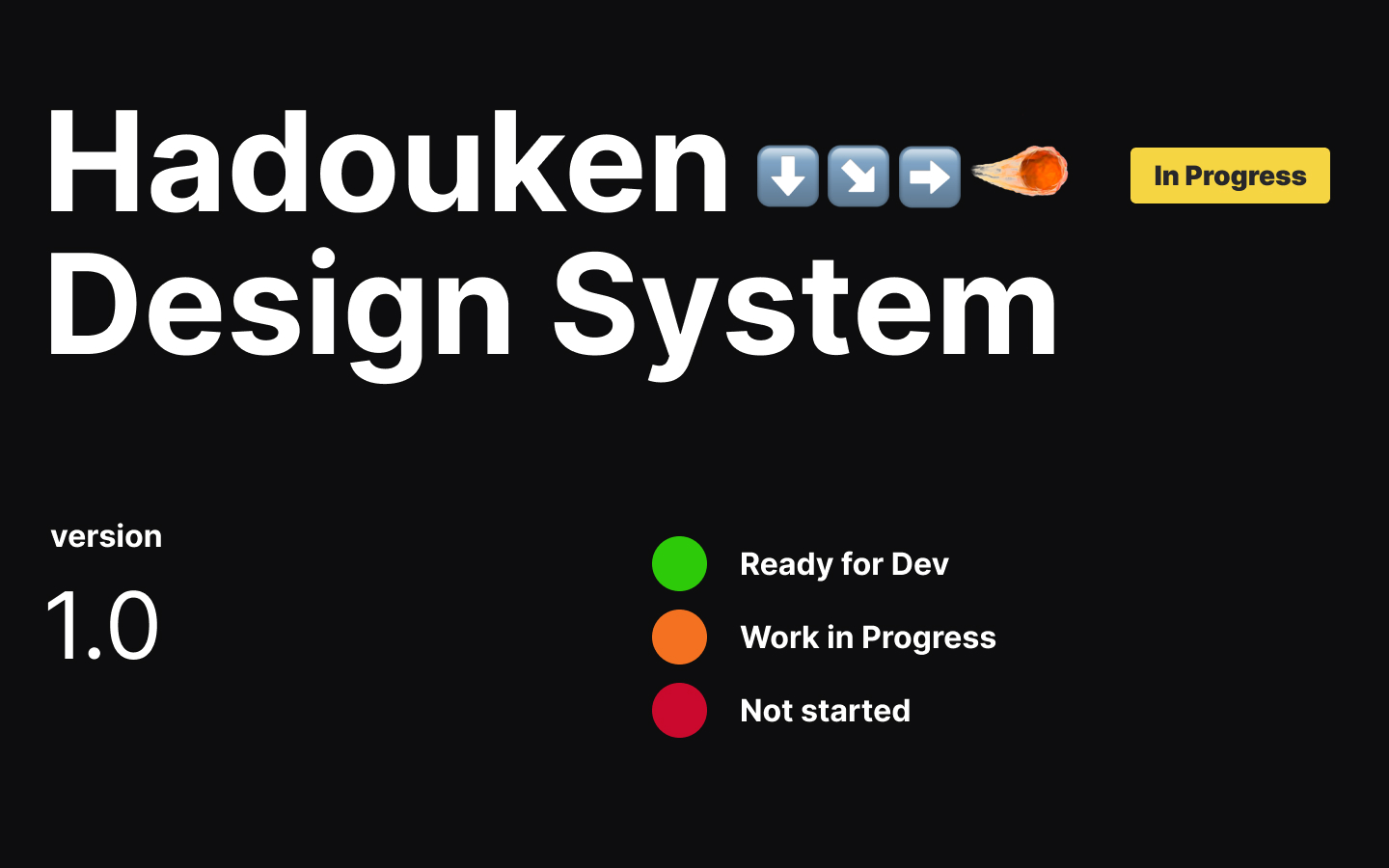 Hadouken Design System Cover version 1.0. Image shows traffic light system of green - ready for dev, orange iwork in progress, red not started