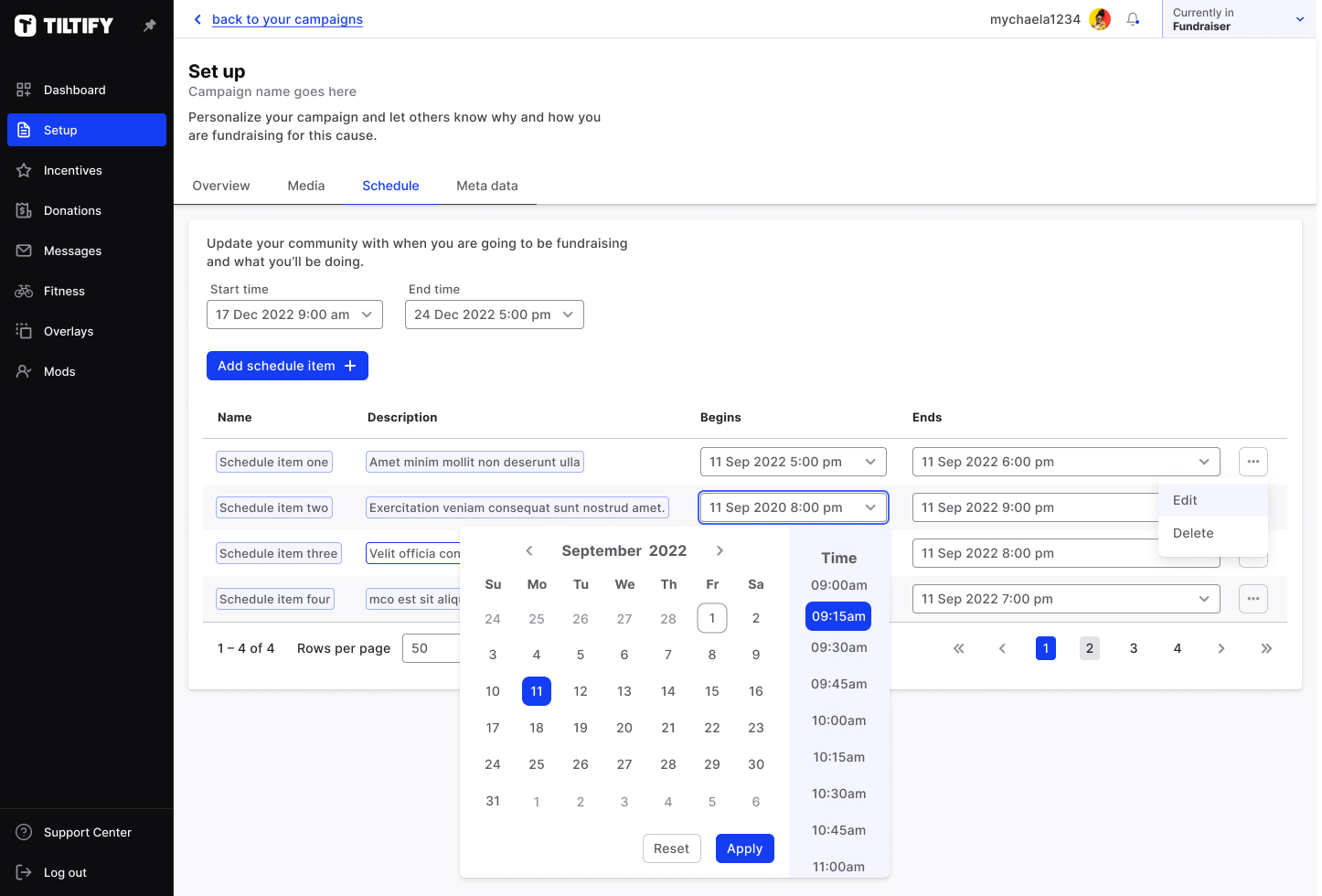 A user interface of Tiltify of someone creating a schedule