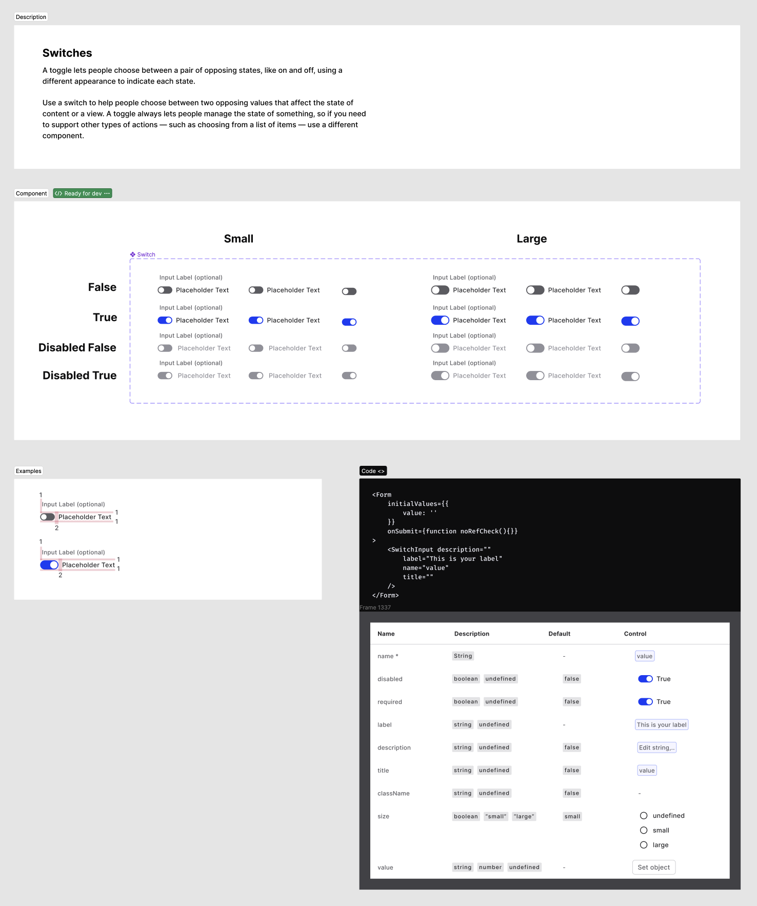 Switches from our design system including documentation and code snippets