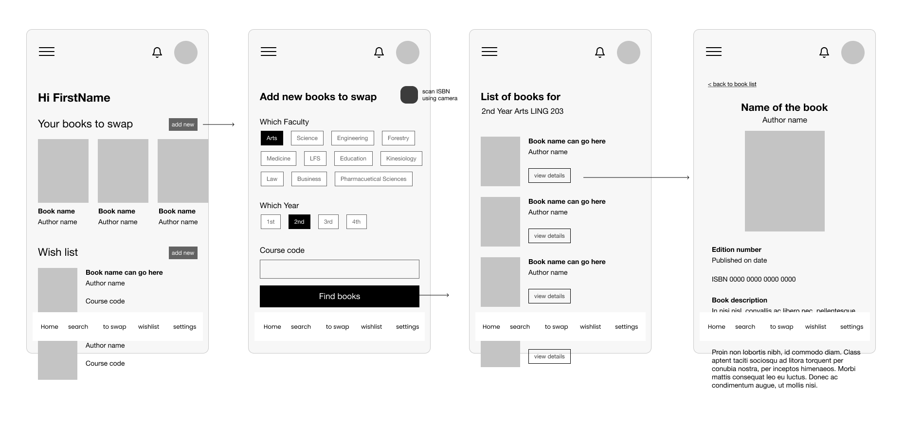 Bookswap wireframes