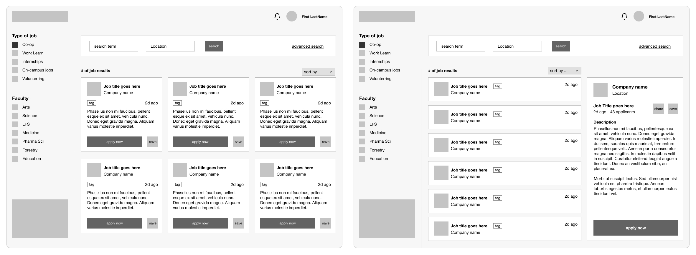 job board wireframes