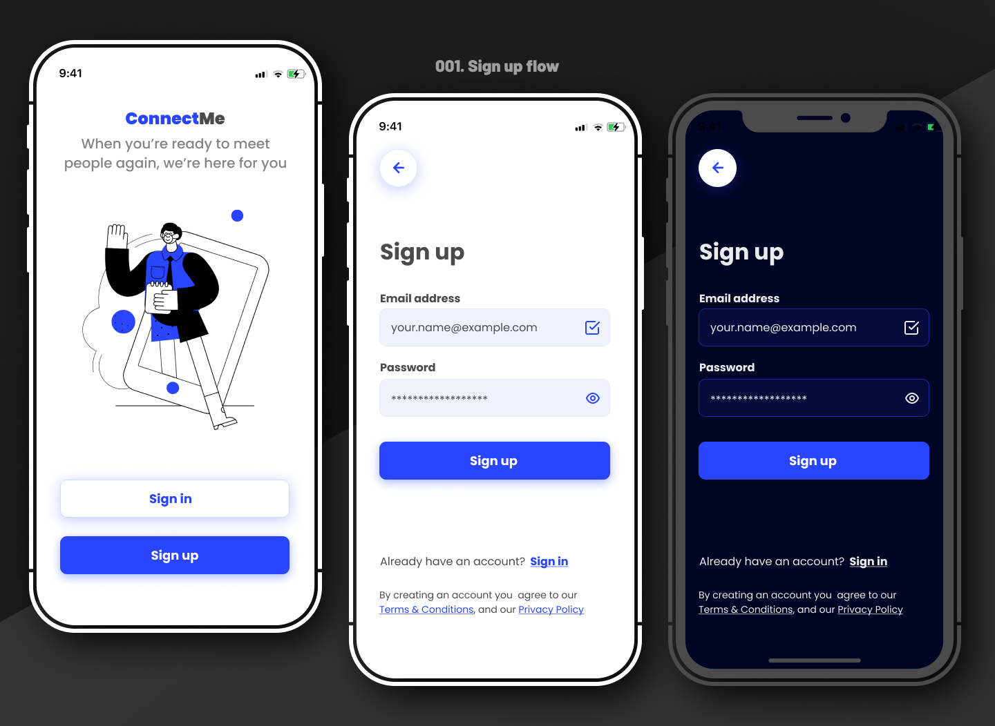 Sign up flow and UI design for a fictional app