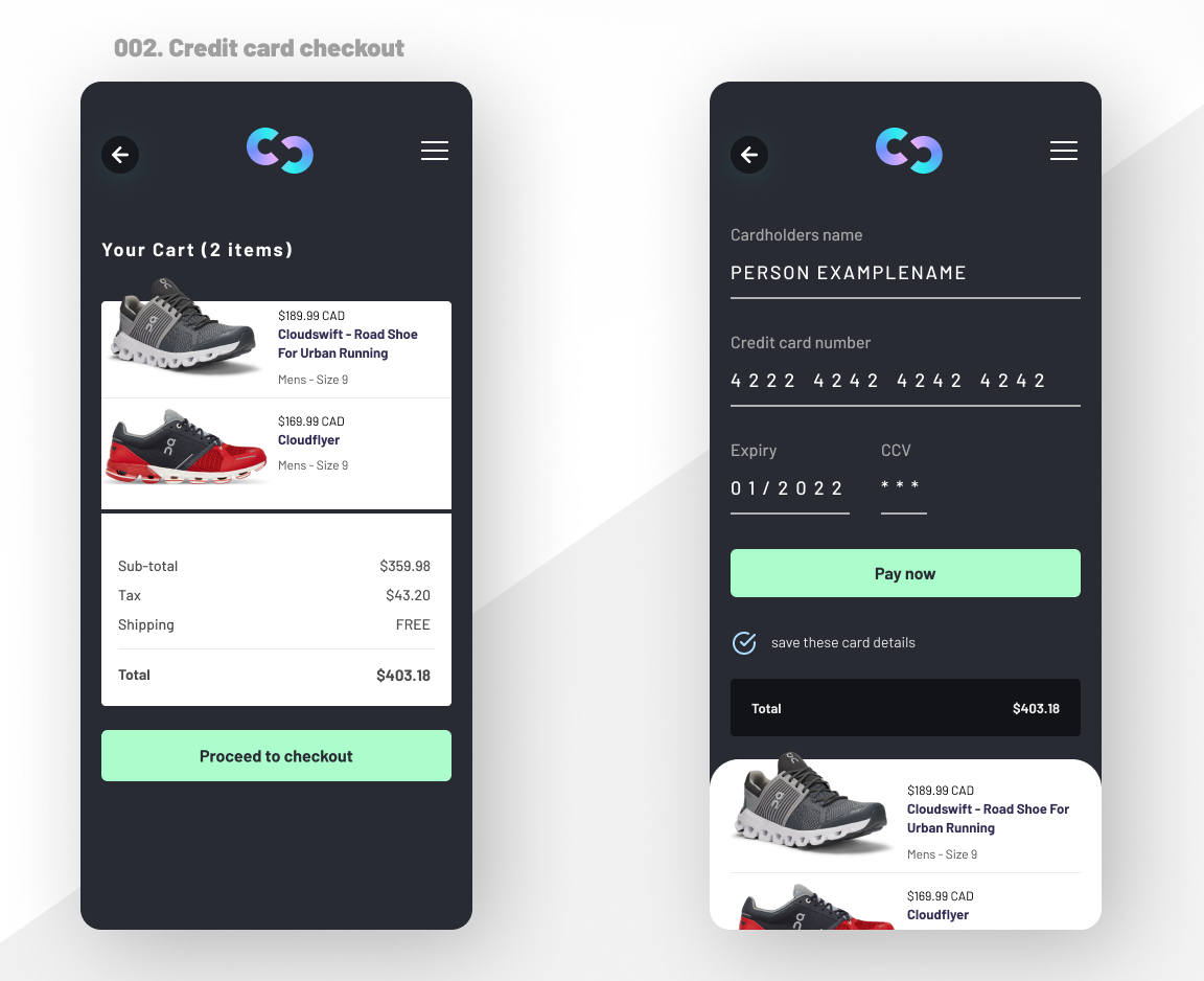 Checkout and credit card ui design for a fictional app